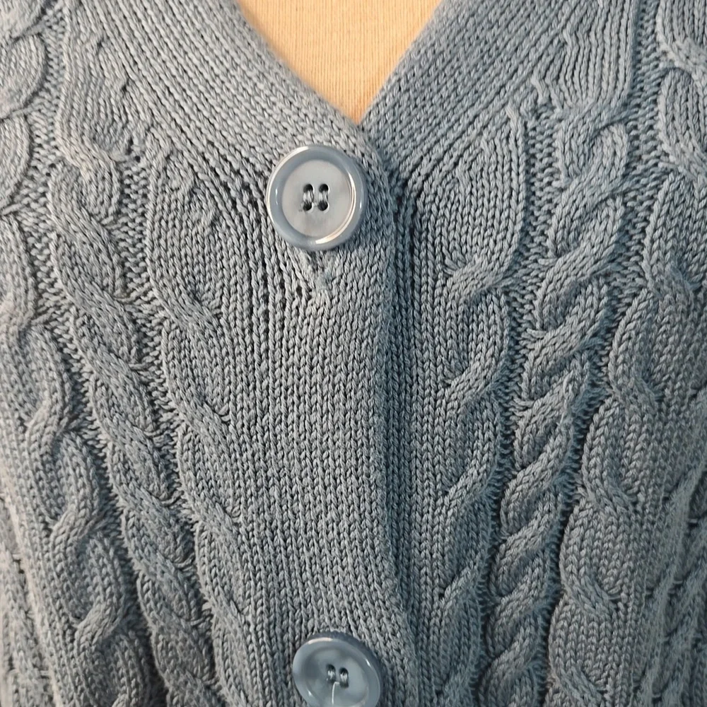 NWOT Belle by Kim Gravel Smoke Blue Cable Knit Cardigan Hip-Length - Picture 3 of 11